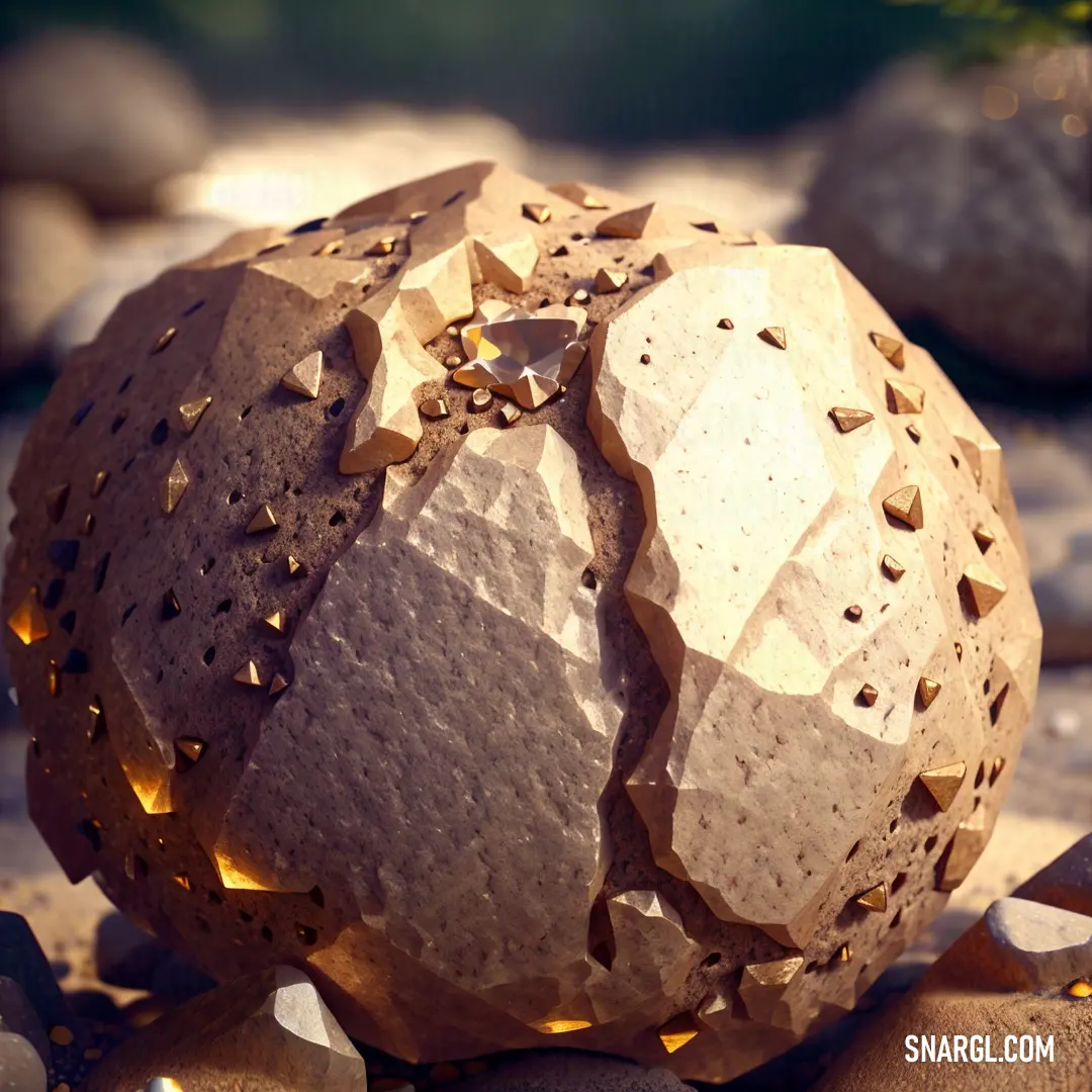 Rock with holes and a light on it on a rock covered in rocks and gravel with a plant in the background