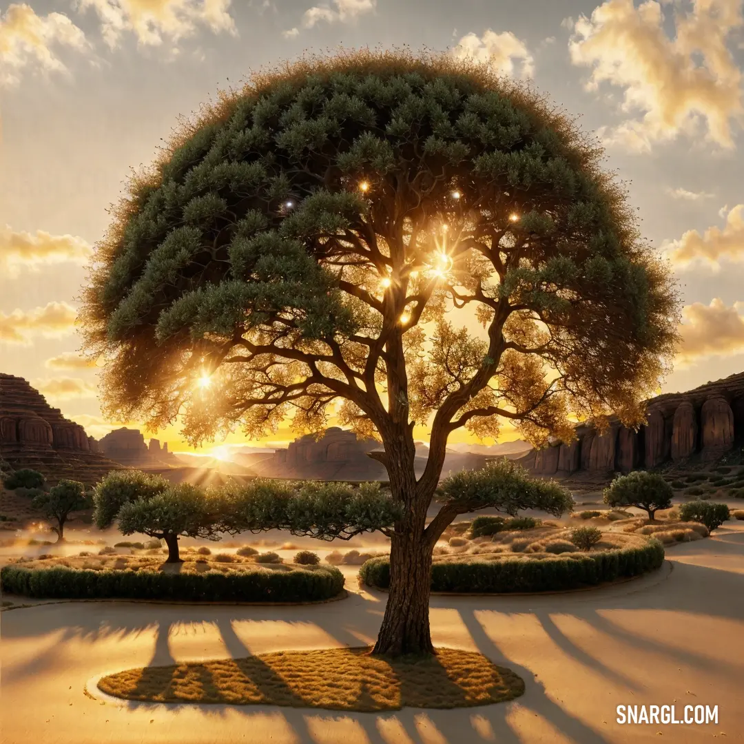 Tree in a desert with the sun shining through the clouds and the shadows of the trees on the ground