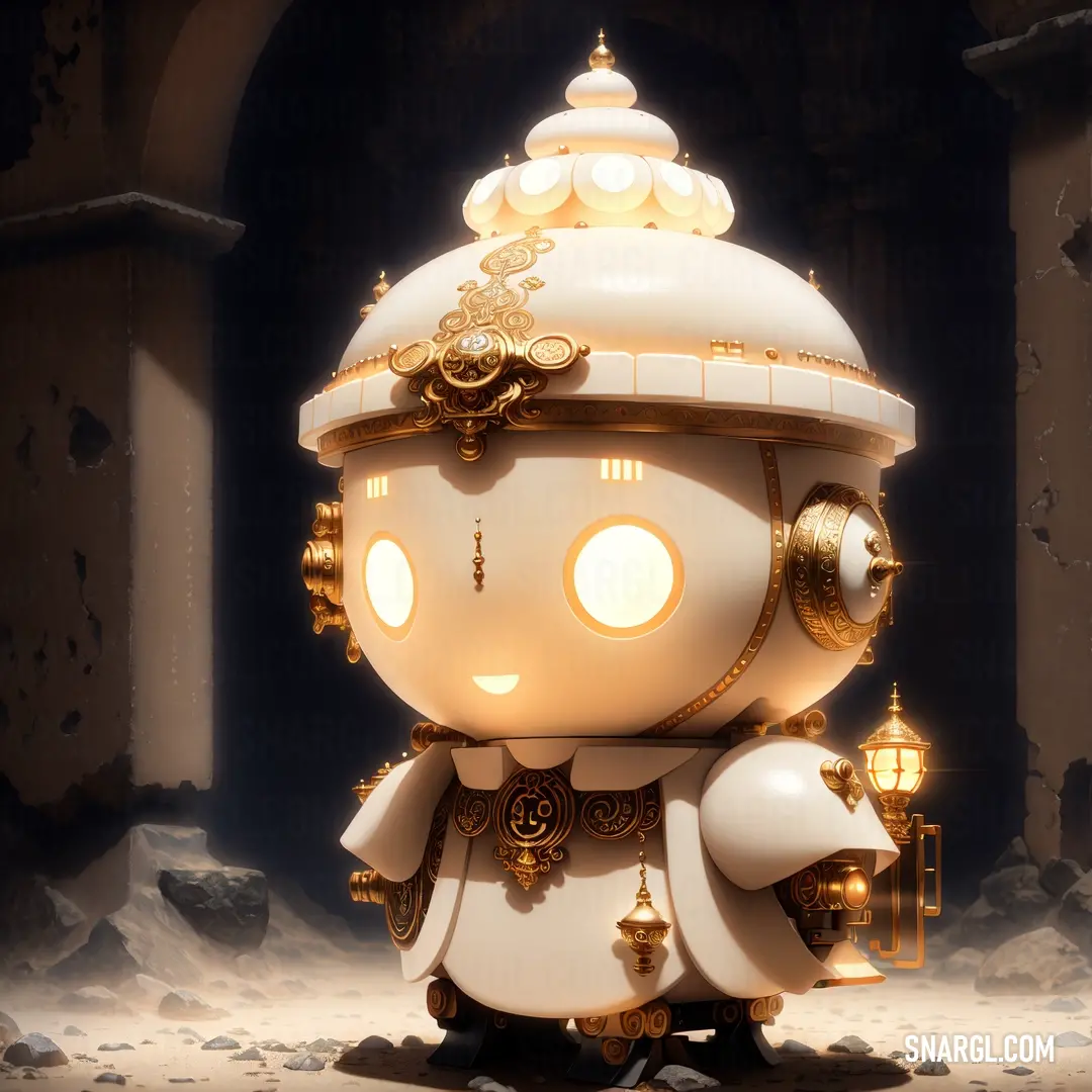 White robot with a gold clock on its head and a light on its chest