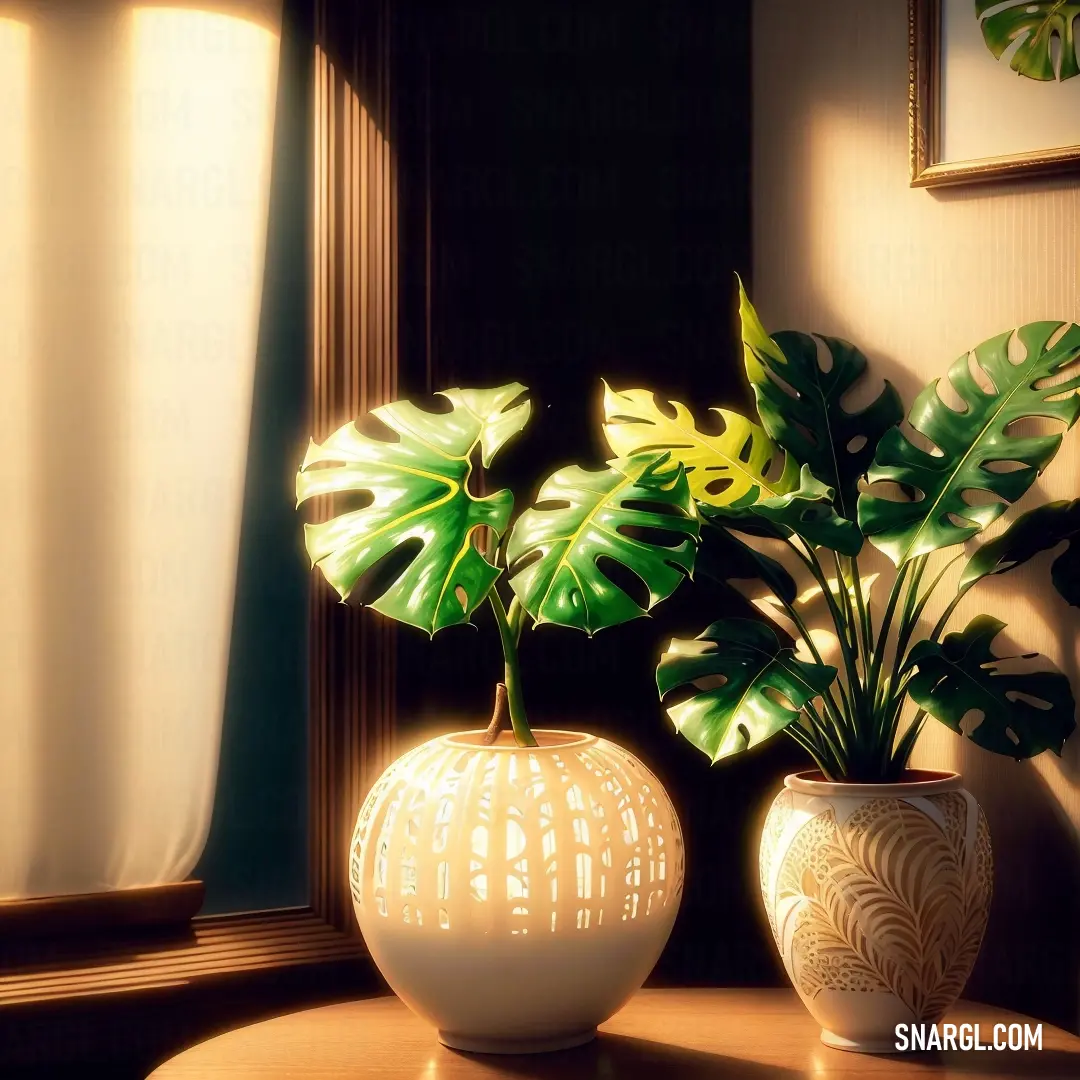White vase with a plant in it on a table next to a window with a curtain behind it