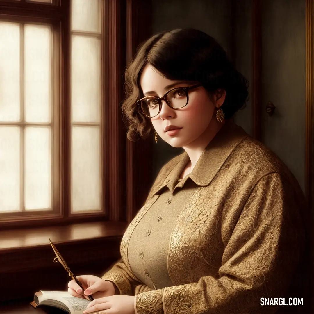 Woman in glasses writing on a book next to a window with a pen in her hand