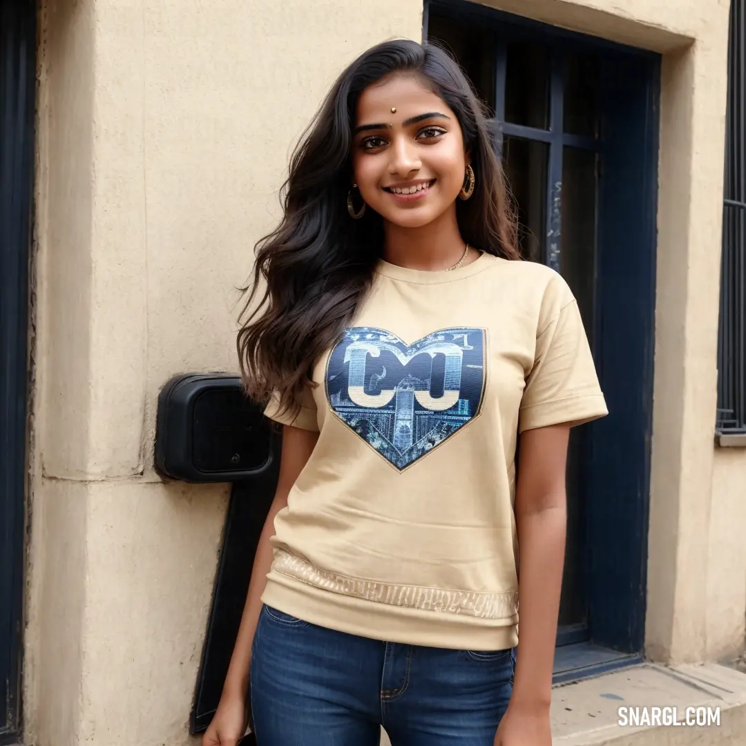 Woman standing in front of a building with a heart on her shirt