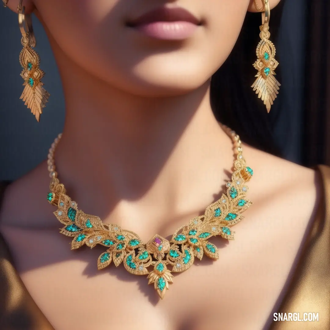 Woman wearing a necklace and earrings with a gold background and a green and blue stoned necklace and earrings