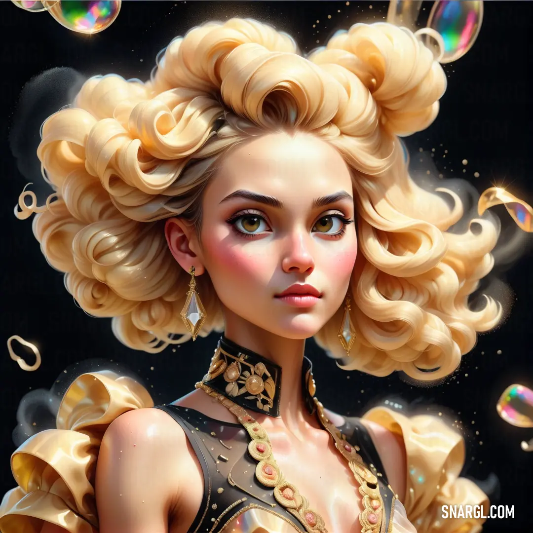 Woman with blonde hair and a dress with gold trims and a necklace on her neck and a bubble of soap in her hair
