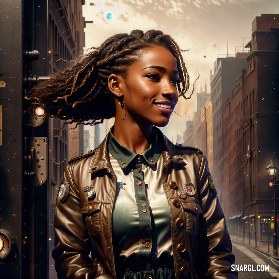 Woman with dreadlocks standing in a city street with a street light in the background and a city street with buildings