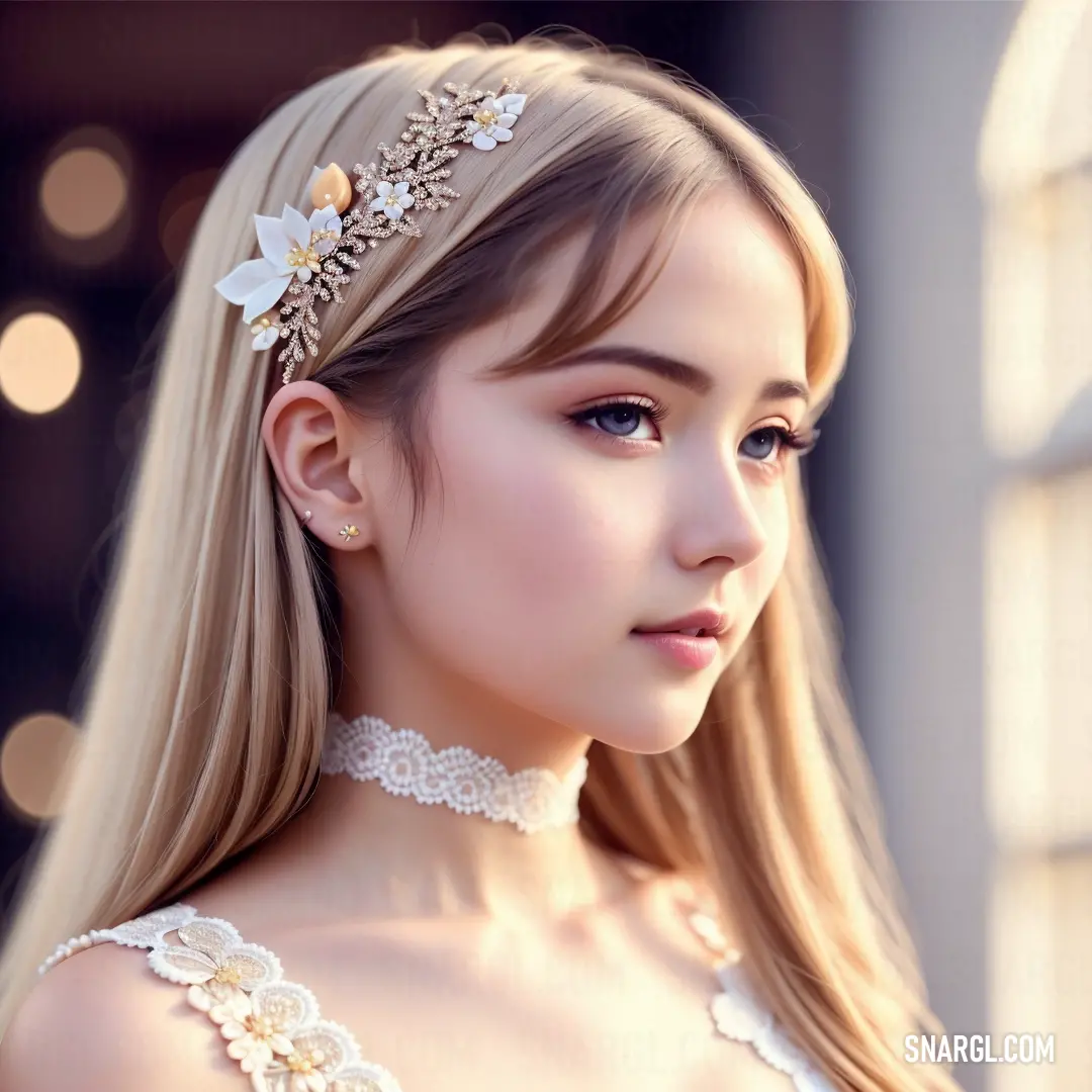 Woman with long blonde hair wearing a white dress and a flower headband