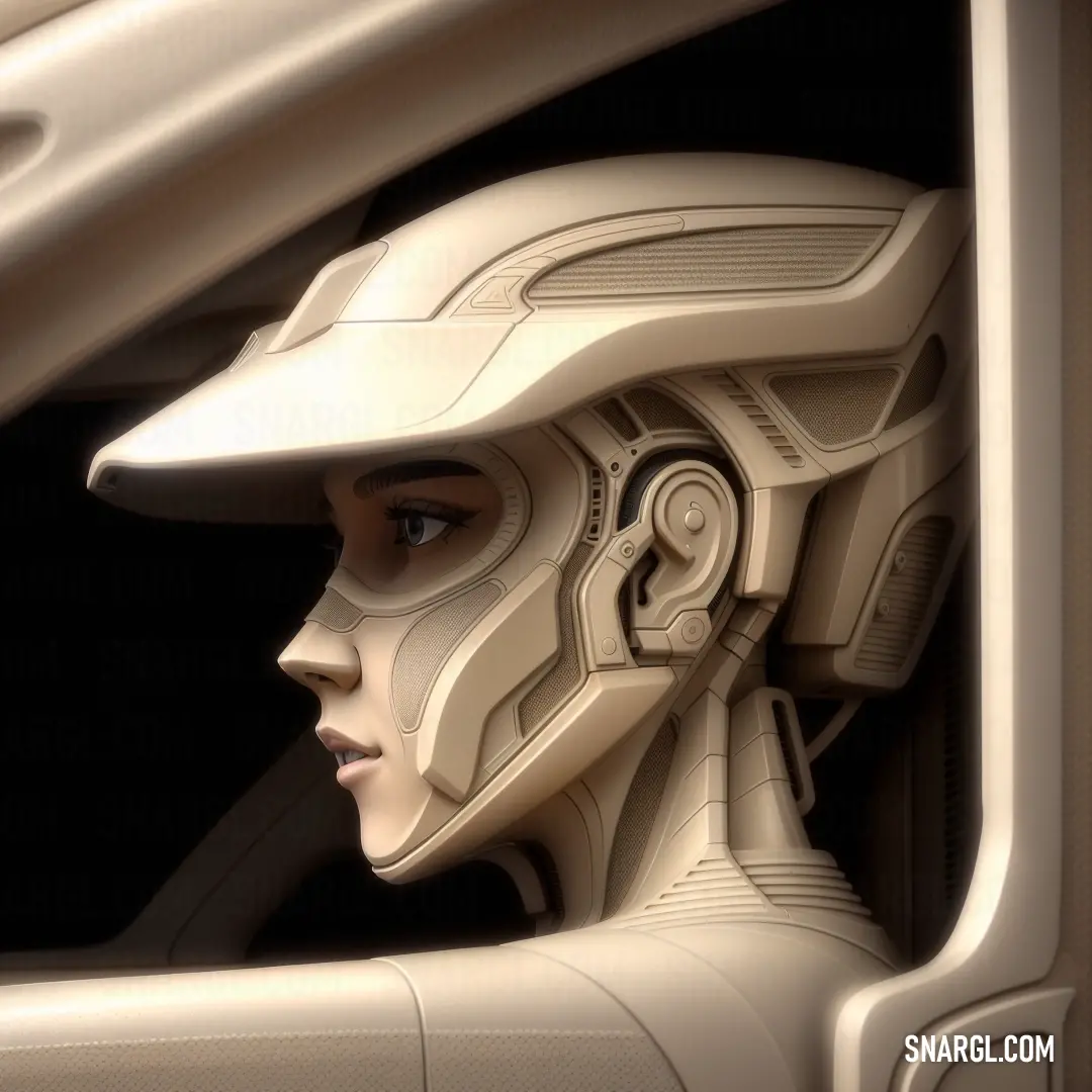 Woman's head is seen through a car window with a futuristic helmet on it's head
