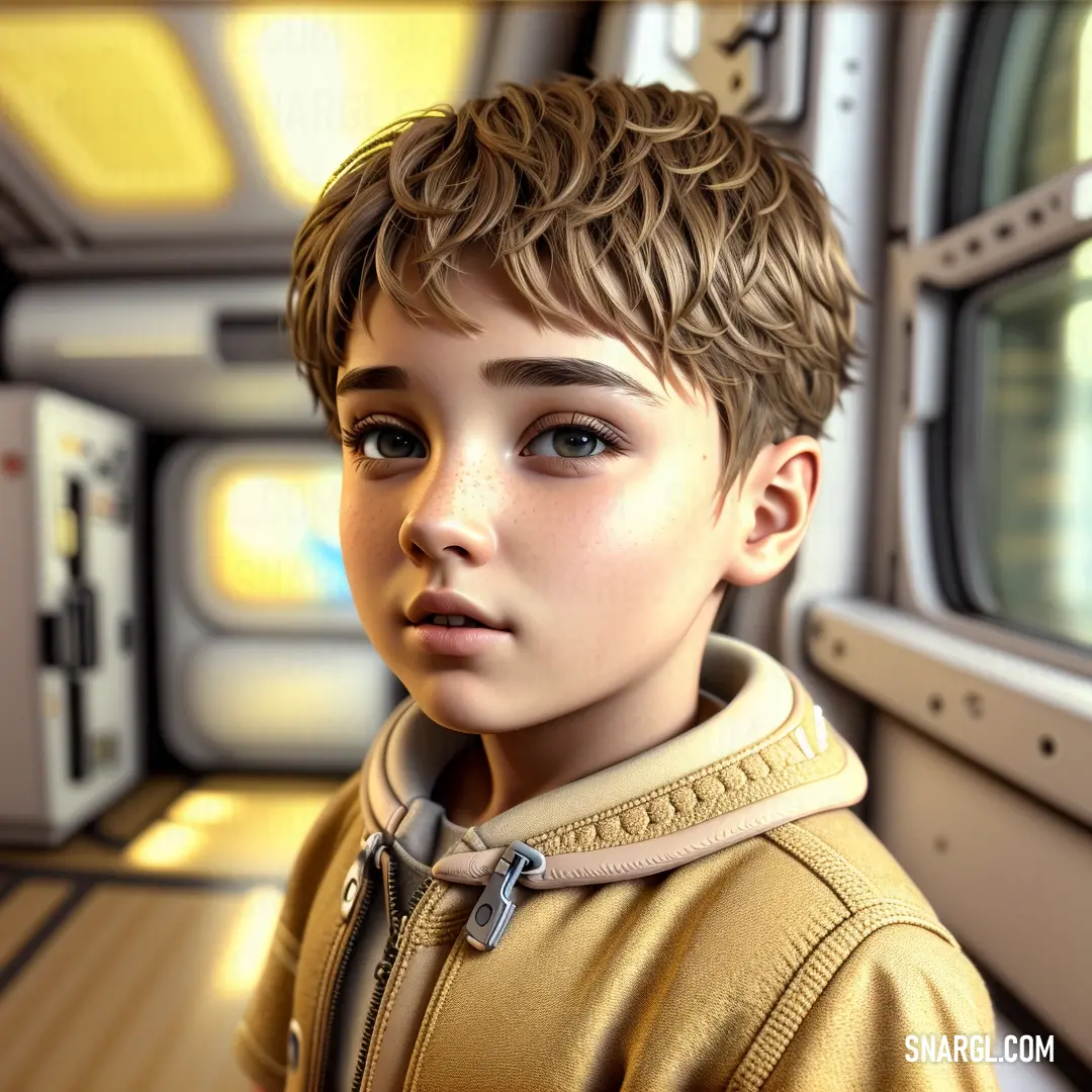 Young boy in a yellow jacket looking out a window in a space station with a television in the background