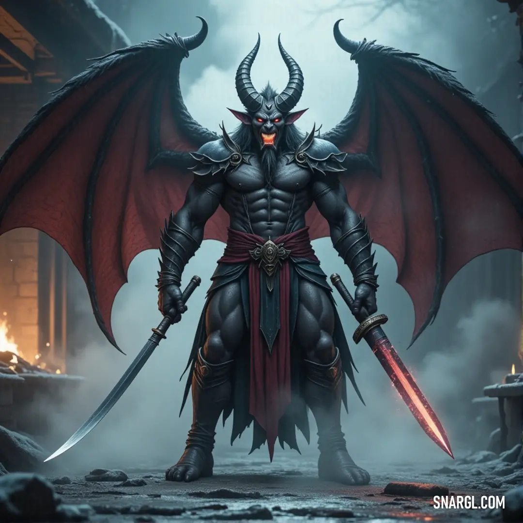 A demonic figure of Belial stands, his sword raised high. A chilling Belial head is embedded in his chest, adding a haunting touch to his fearsome form. His dark, menacing look reflects a being of immense power and mystery.