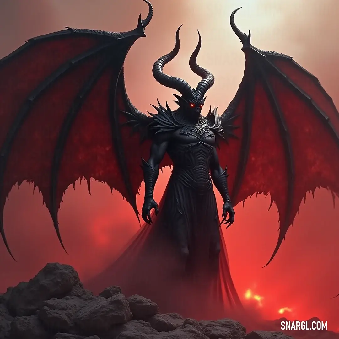 Powerful Belial stands on rocky terrain with wings spread wide, enveloped in a glowing red light, portraying dominance and allure in a wild, natural setting. Demonic Belial takes center stage on a rocky hill, his wings fully unfurled, illuminated by a striking red light that dances around him, enhancing his powerful presence against the backdrop of nature.