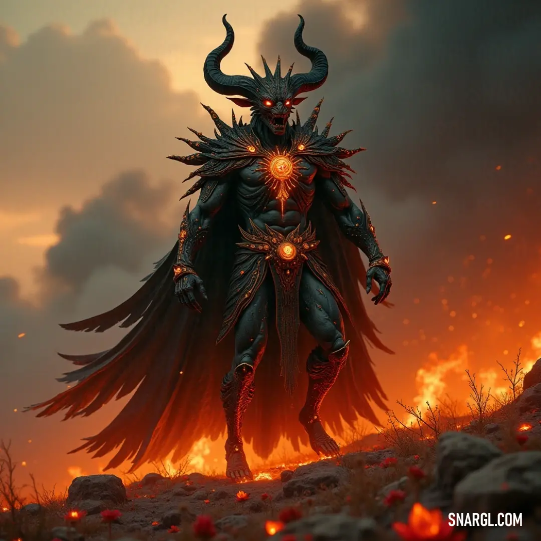 A demonic figure stands in a fiery field, his glowing eyes piercing the darkness as flames rage all around him. A powerful and demonic figure stands in the midst of a fiery field. His eyes glow with an eerie intensity as flames rage around him, creating an atmosphere of danger and dark energy.
