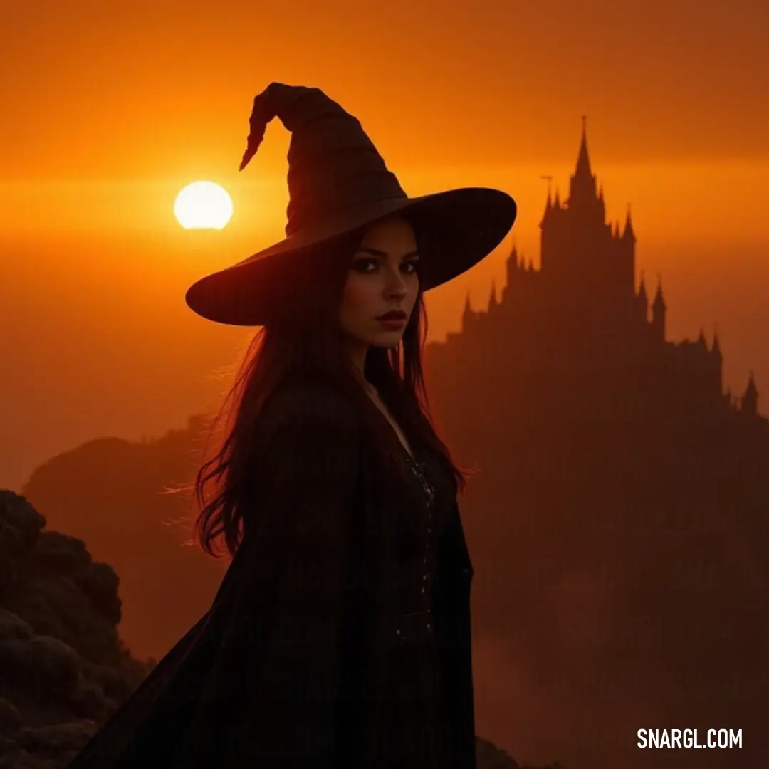 Majestic Belladonna in a witch costume before a castle at sunset, radiating mystique. Belladonna stands majestically in her elaborate witch costume, silhouetted against a stunning sunset, as the fading light casts a golden hue over the towering castle that looms in the background.