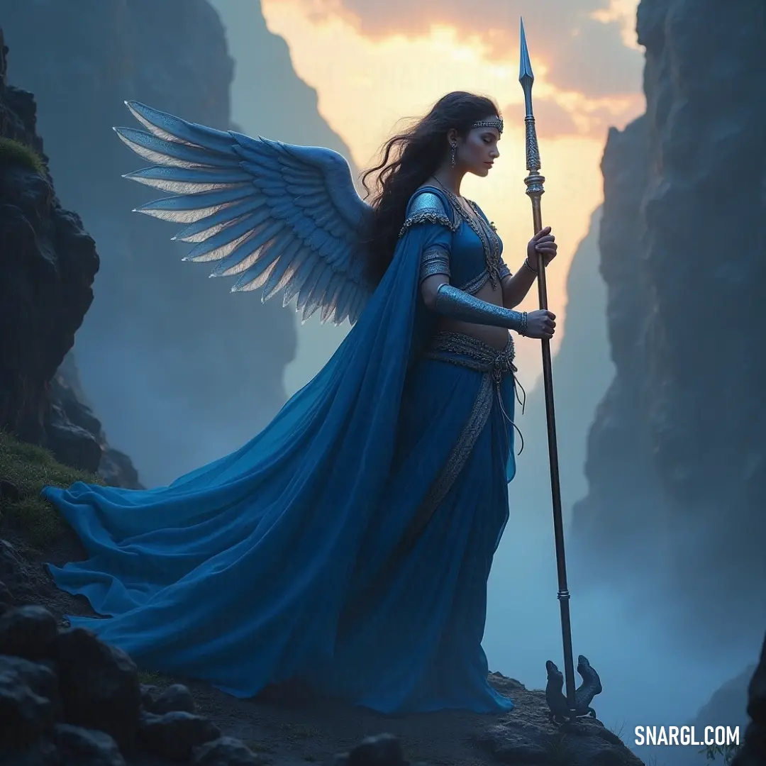 Bellona, the fearless warrior, commands the cliffside, radiating strength and daring amidst the majestic mountains. Bellona stands triumphantly on a cliff's edge with regal wings, wielding a sword and staff, her fierce gaze set against a breathtaking mountain backdrop that evokes a sense of adventure.