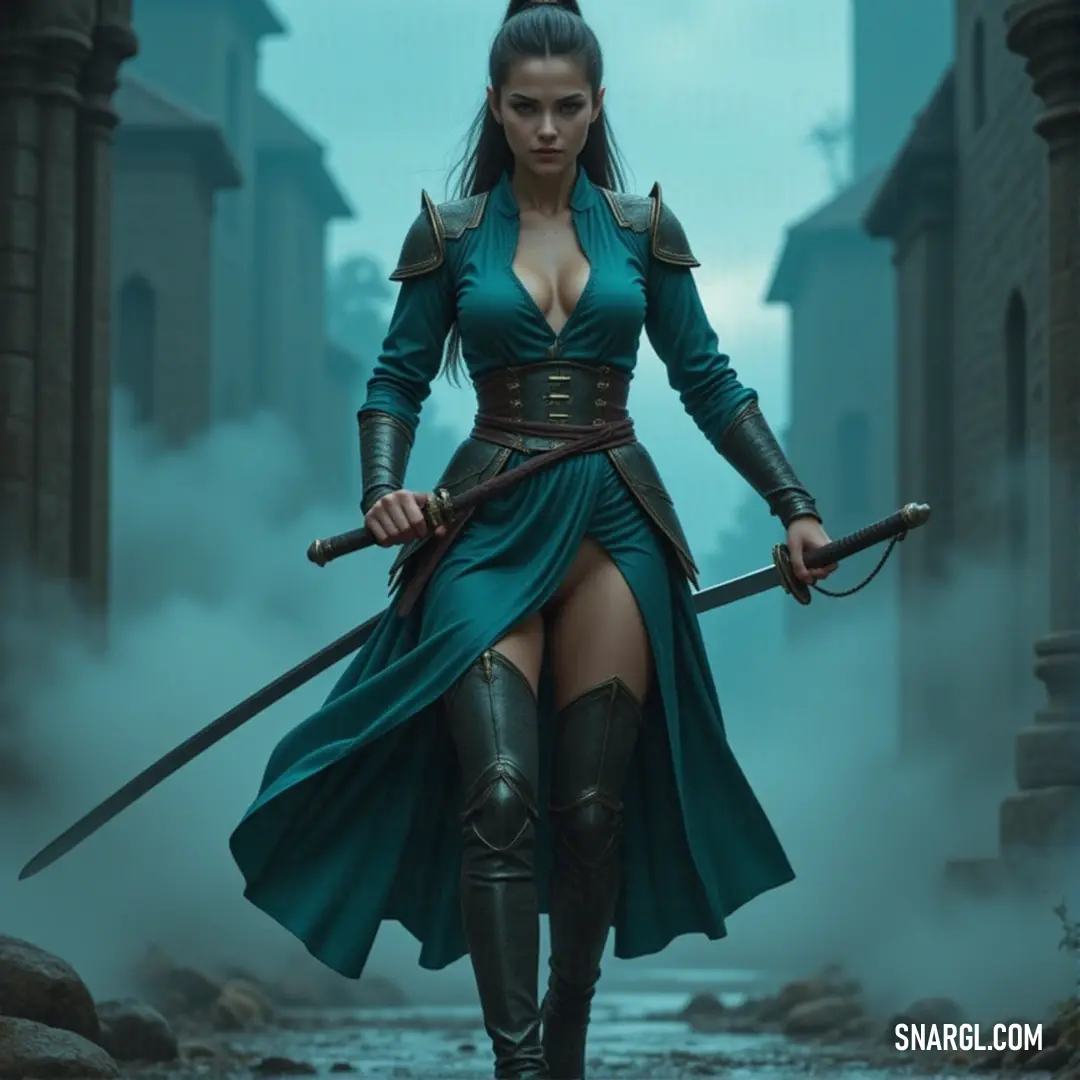 Clad in a green dress and wielding a sword, a fearless figure stands with poise and power, her presence exuding an aura of command and strength in a striking, bold stance. A fierce warrior in a striking green dress, holding a sword with an air of confidence, stands tall against a captivating backdrop, embodying strength and grace in her commanding pose.