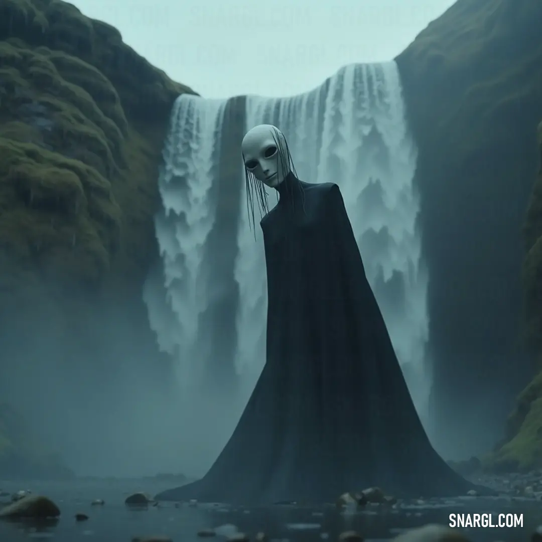 Majestically poised before a radiant waterfall, a cloaked figure embodies the juxtaposition of shadows and light, evoking a sense of mystery that invites exploration into the heart of the enchanting wilderness. A figure in a flowing black cape stands majestically before a cascading waterfall, the shimmering water illuminating the scene with a ghostly glow. The juxtaposition of darkness and light tells a tale of intrigue and wonder.