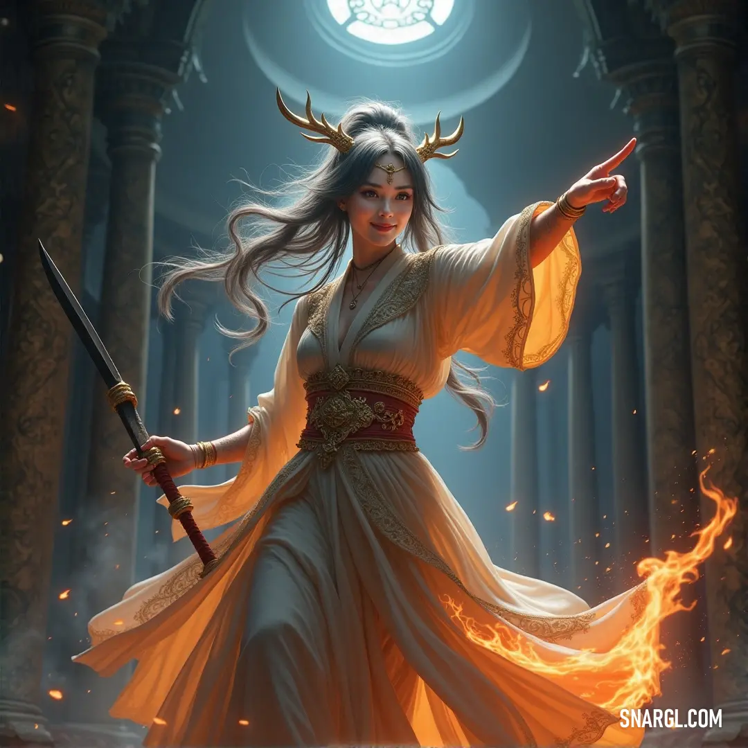 Benten in a white dress, wielding a sword and a flaming blade, ready for battle. Benten, dressed in a flowing white dress, holds a sword and a flame-wreathed blade in her hand. The flames dance around her as she stands poised and ready, a fierce figure against the darkened backdrop of her surroundings.
