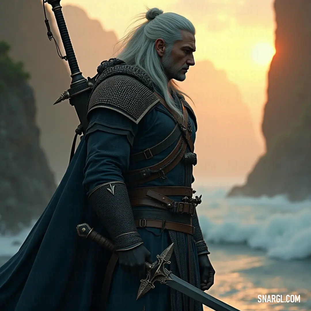 A brave warrior in full armor stands proudly on a beach at sunset, sword raised against the vibrant sky, embodying the spirit of adventure and the call of the wild. A heroic figure clad in complete battle armor stands on a pristine beach at sunset, sword held high, with a mountain silhouette in the distance, symbolizing triumph and the quest for adventure.