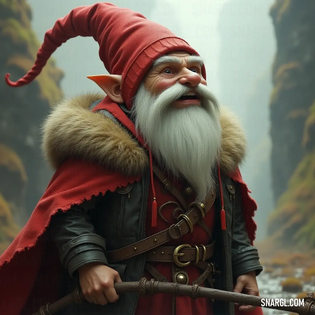 In a vibrant forest setting, a figure adorned in a red cape and beard confidently holds a stick, as rich greenery and rugged rocks create a picturesque backdrop, evoking the spirit of adventure and exploration in nature's embrace.