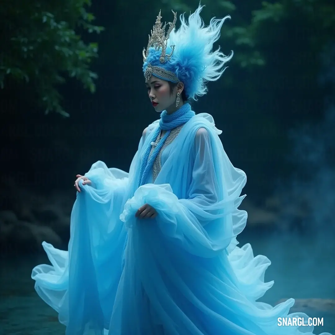 A captivating image of a young woman in an elegant blue dress and a crown, embracing the serenity of the water, her arms outstretched, and her hair swaying in the gentle wind, surrounded by nature's beauty. A majestic scene of a young woman in a vibrant blue dress and a sparkling crown, gracefully standing in shallow waters with her arms wide open, as her flowing hair dances in the warm breeze and the sunlight creates a shimmering glow around her.
