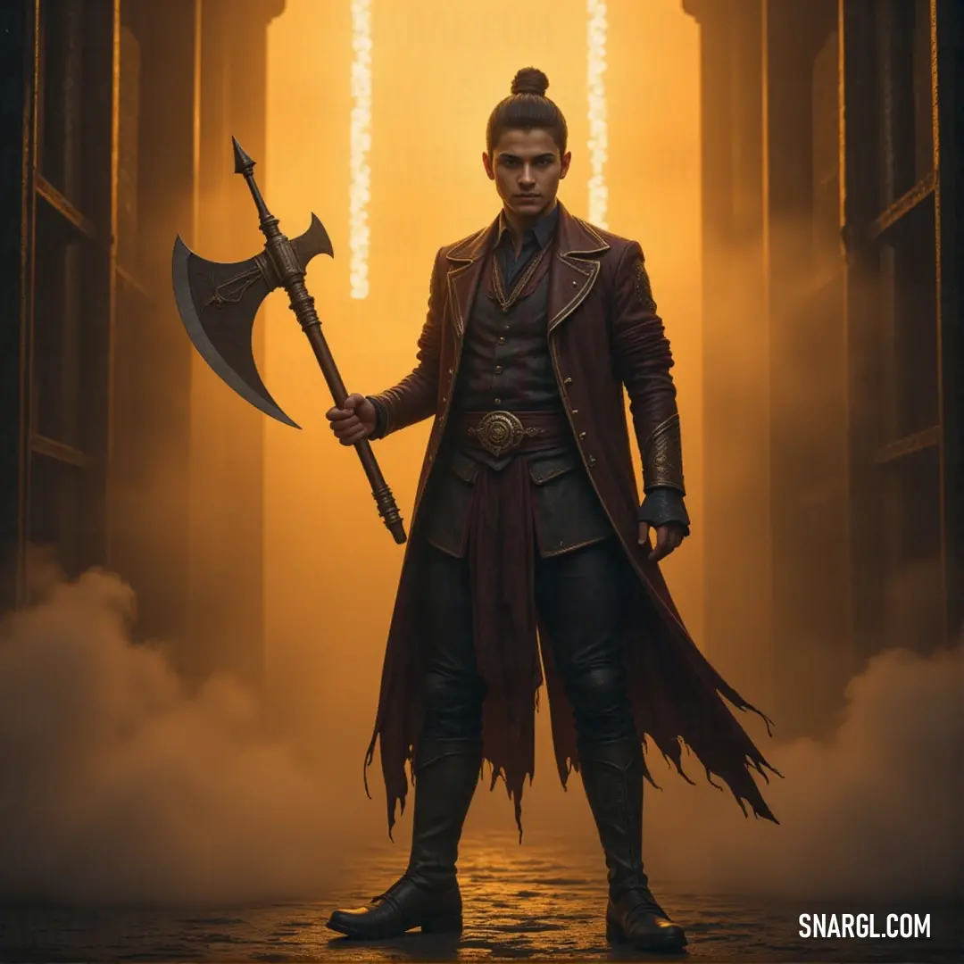 Bhumi in a costume, holding a massive axe, stands in a hallway lit by vibrant yellow hues, her posture strong and unyielding. Bhumi, in a bold costume, grips a large axe with confidence, set against a hallway bathed in yellow light. Her stance reflects a readiness for any battle ahead.