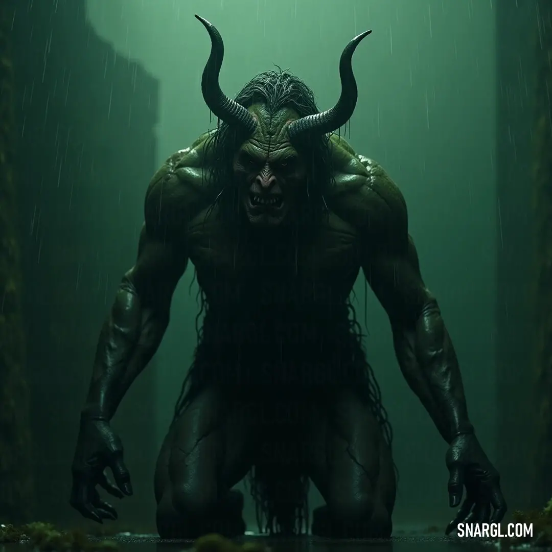 Bifrons, showcasing impressive horns, stands resolute in the rain, his enigmatic face framed by a lush green backdrop, creating an atmosphere of strength and mystery. Bifrons, adorned with magnificent horns, stands in the rain, his face a blend of strength and mystique, as the vibrant green background adds depth and contrasts beautifully with his commanding presence.