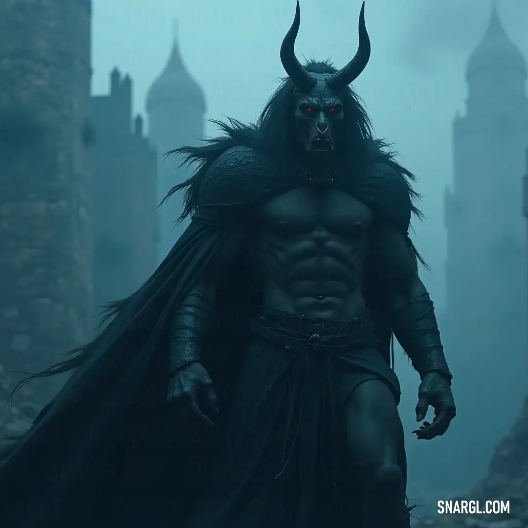 Male Bifrons, with imposing horns and a billowing cape, stands confidently in the fog, a castle rising majestically behind him, embodying power and mystery in a captivating landscape. In a mystical, foggy landscape, a strong figure, Male Bifrons, adorned with prominent horns and a flowing cape, stands with a grand castle looming in the background, showcasing a tableau of power and mystery.