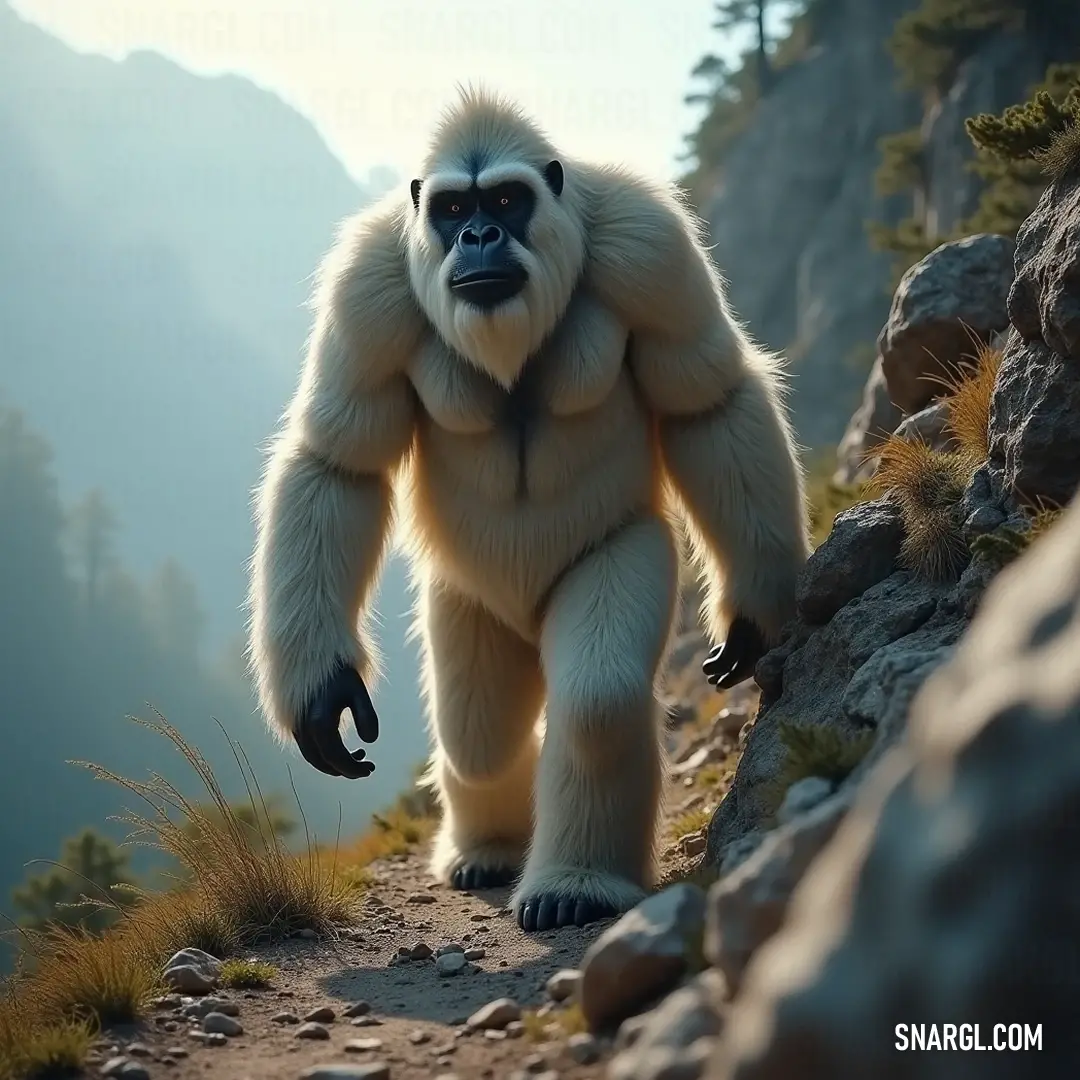 A magnificent white Bigfoot ascends a rocky trail, flanked by wild nature and towering mountains that loom majestically in the background, embodying the freedom of the wilderness.