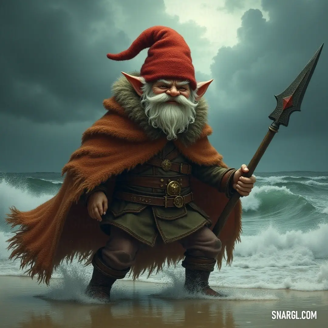 Birger, the warrior, poised on a sunny beach with crashing waves. A fierce yet gentle Birger stands elegantly on a sun-kissed beach, wielding a spear as waves crash playfully behind him. The shimmering sands and rolling tides create a stunning backdrop, highlighting the essence of nature's beauty.