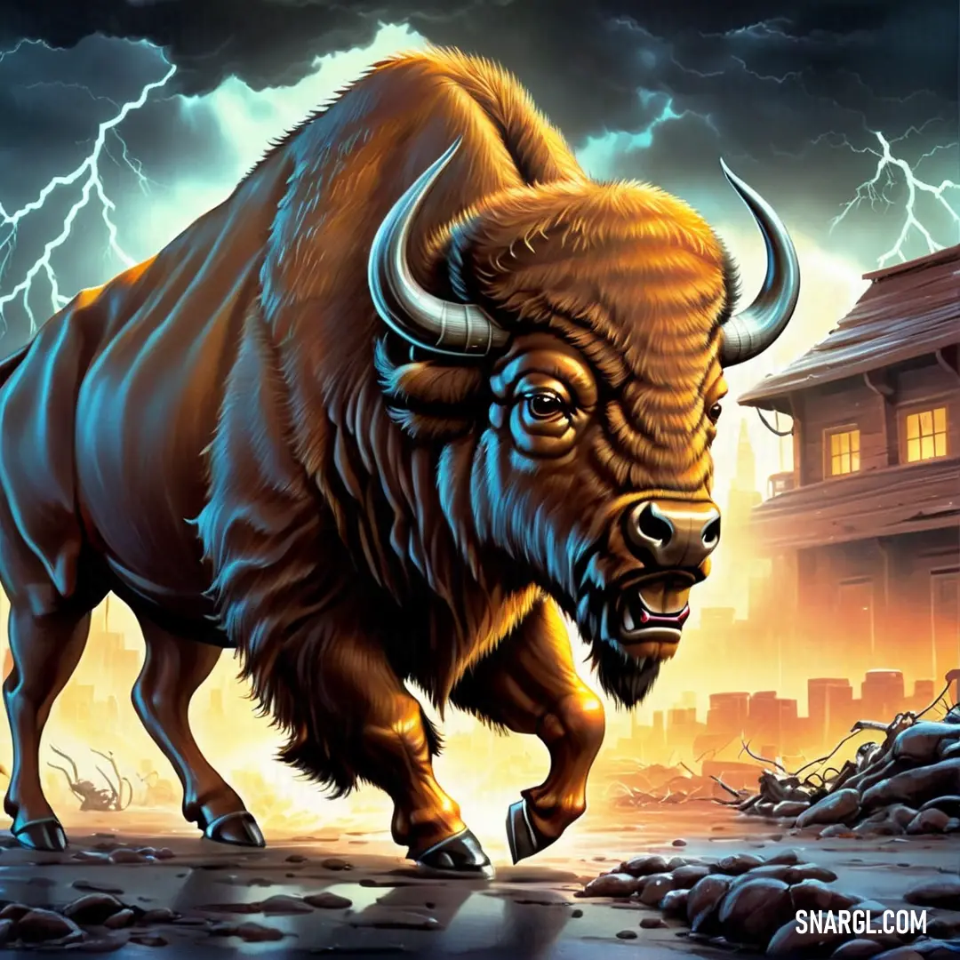 Bison is running through a city street with a lightning bolt in the background
