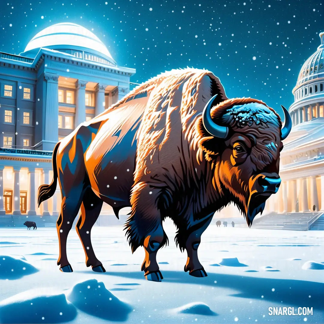 Bison standing in the snow in front of a building with a dome on top of it