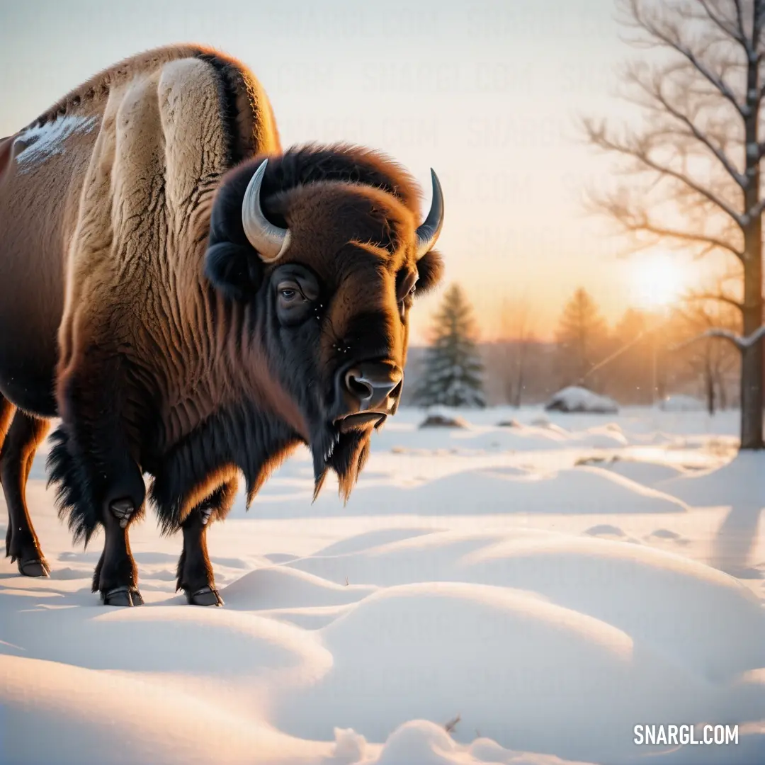 Bison standing in the snow in front of a tree at sunset or dawn or dawn or dawn or dawn