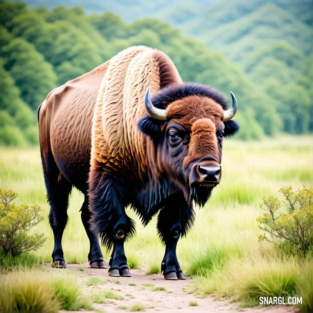 Bison standing on a dirt road in a field of grass and bushes with mountains in the background