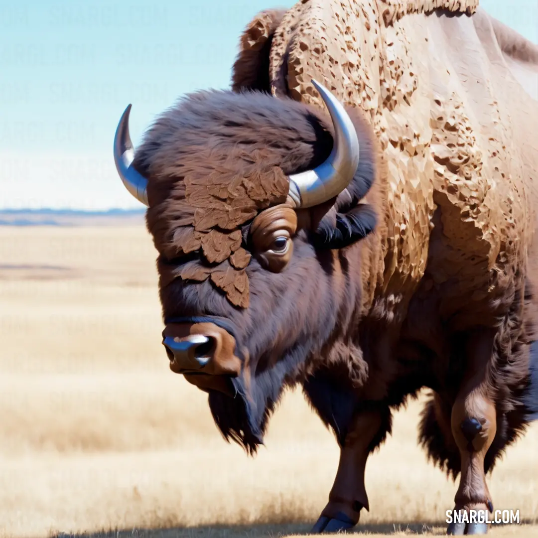 Large bison with horns standing in a field of grass and dirt, with a sky background