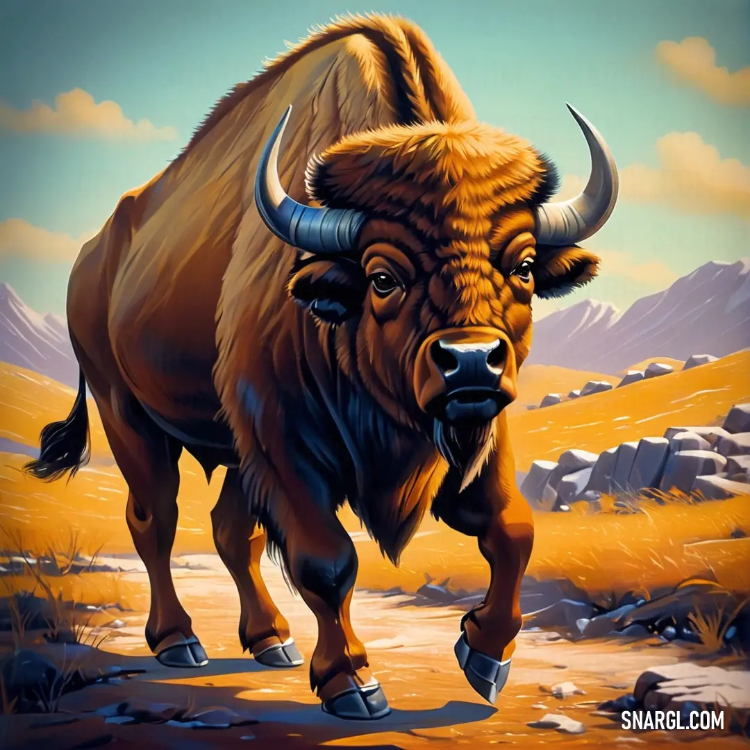 Painting of a bison walking through a desert landscape with mountains in the background