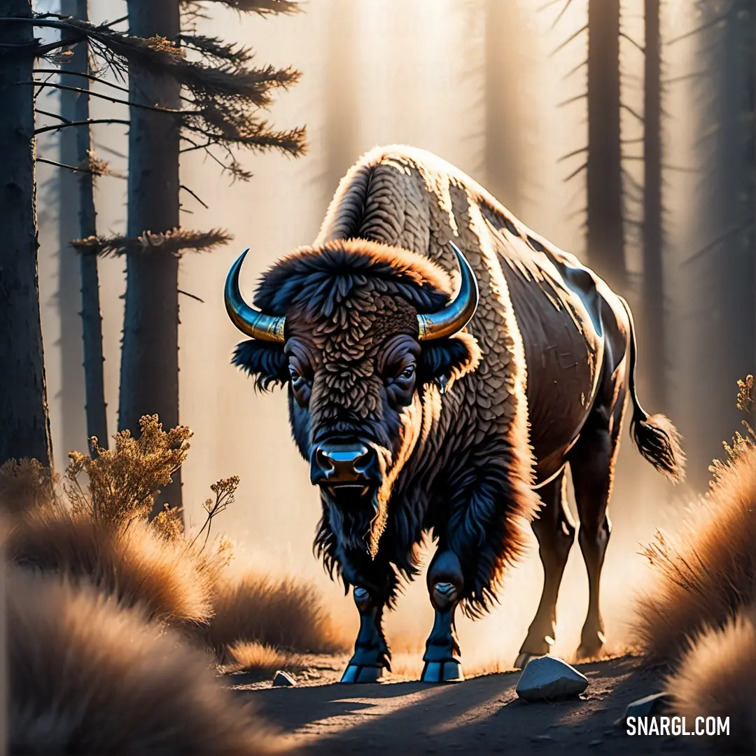 Painting of a bison in a forest with fog and sun shining through the trees and grass on the ground