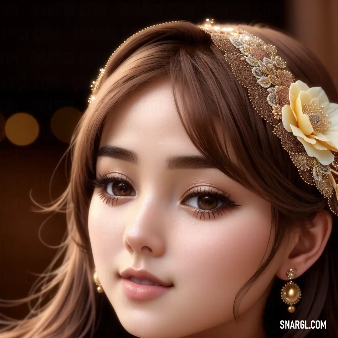 A close-up of a woman adorned with a delicate flower in her hair, a headband resting on her head, and a gold necklace that shines softly. Her peaceful expression and intricate details suggest beauty and grace.