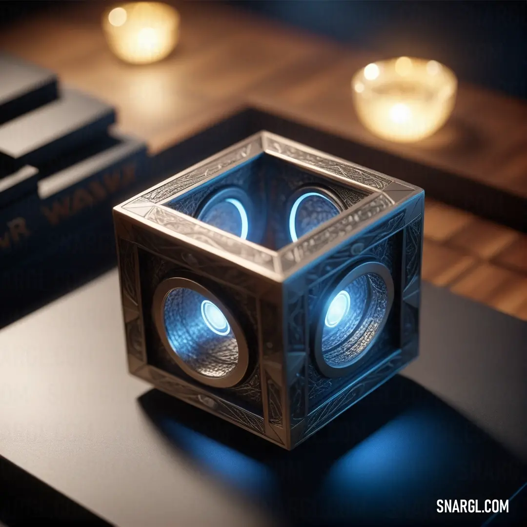 A modern cube-shaped object with two speakers on top, sitting on a table surrounded by books. The warm tones of the object blend with the soft light, creating a calm and balanced scene perfect for any study or workspace.