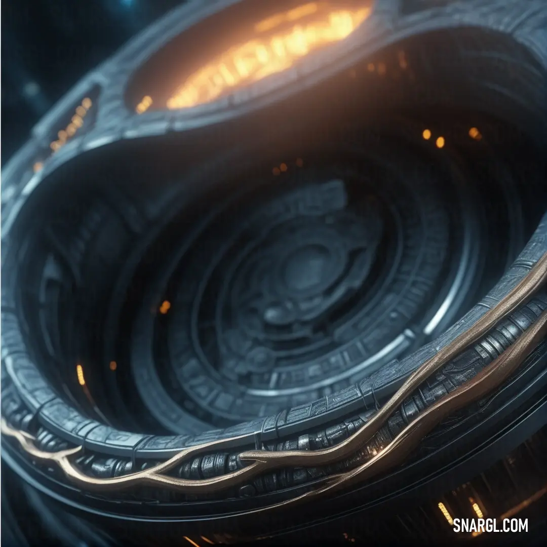 A futuristic object with a spiral design radiates light from its center, casting a soft glow. The swirling patterns on its surface seem to move, creating an otherworldly effect that draws the eye into its luminous core.