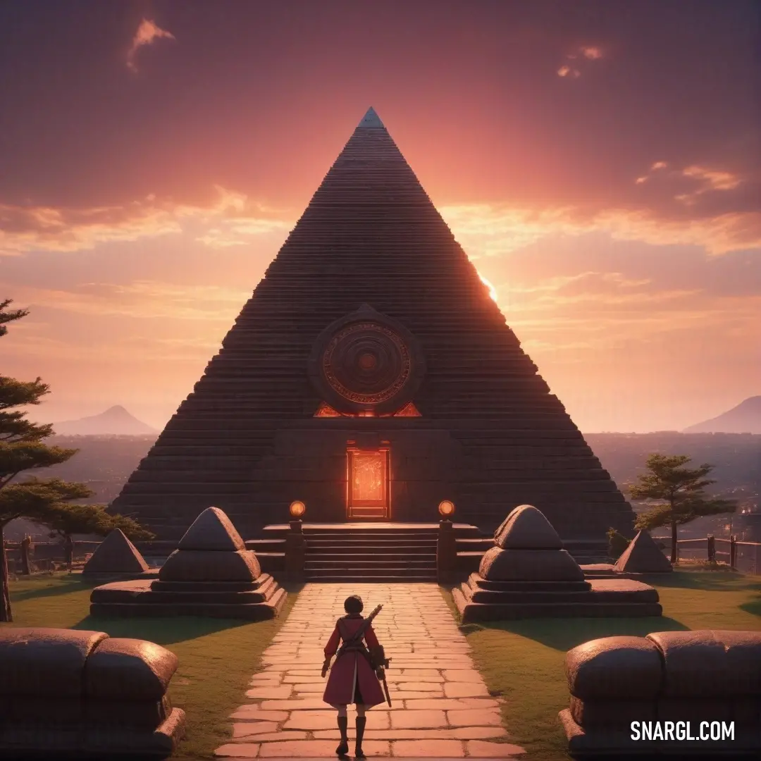 A woman stands gracefully in front of a large pyramid in a vast field, with a vibrant sunset painting the sky in warm hues. The silhouette of the pyramid and the woman contrasts beautifully against the fiery sky.