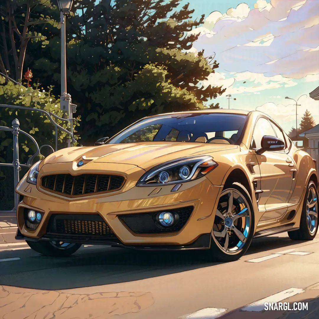 A yellow sports car zooms down a street, passing by a light pole and trees, with vibrant sunlight casting a golden glow over the entire scene. The warm colors of the moment reflect both speed and freedom in a vivid, energetic display.