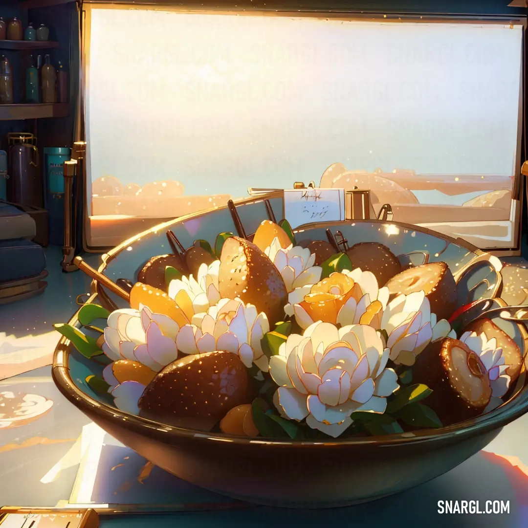 A cozy room with a bowl of colorful flowers on a table, bathed in soft light from the window behind it. The warm bisque tones of the space create an inviting, peaceful atmosphere perfect for relaxation or quiet reflection.