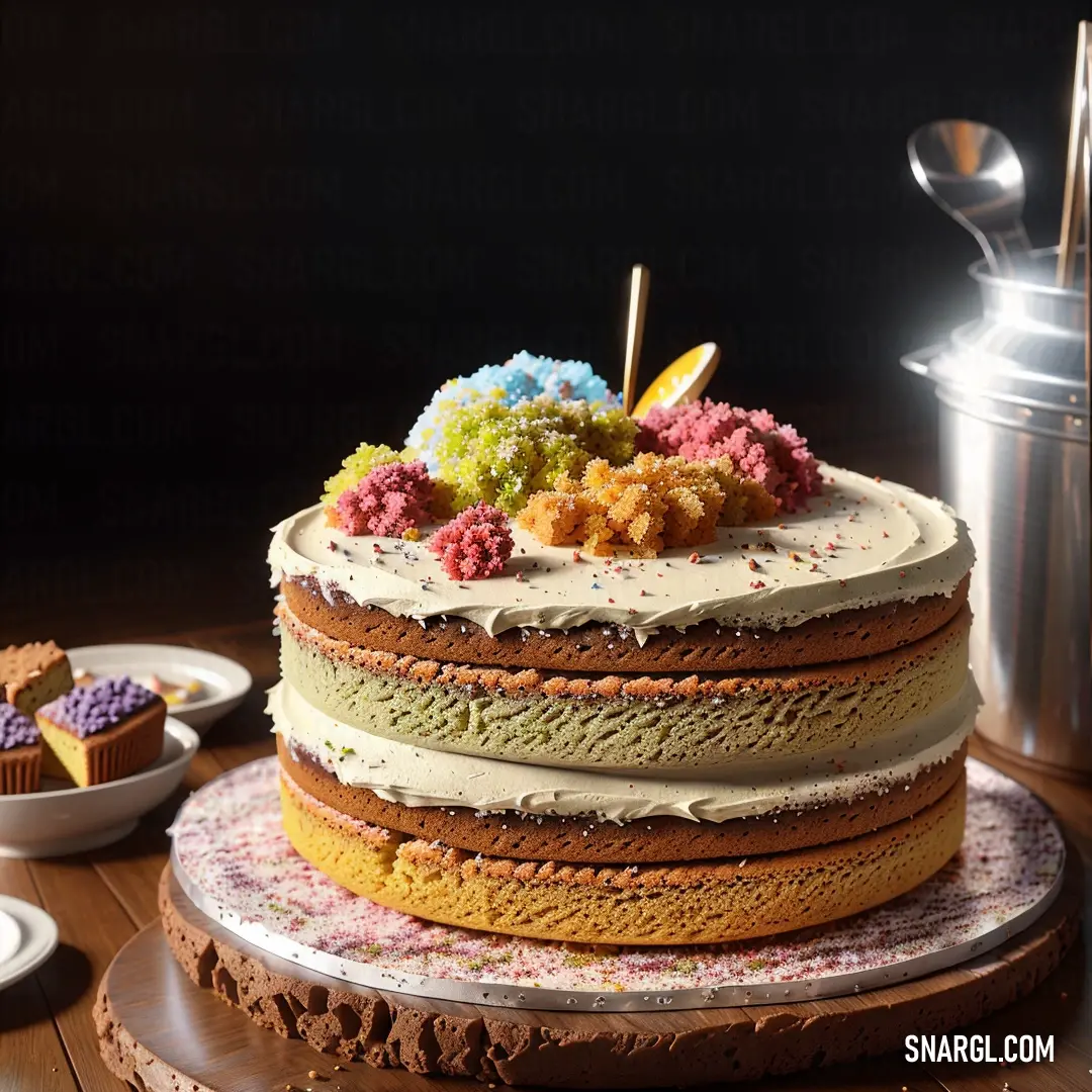 Cake with frosting and colorful toppings on a wooden table with a silver cup