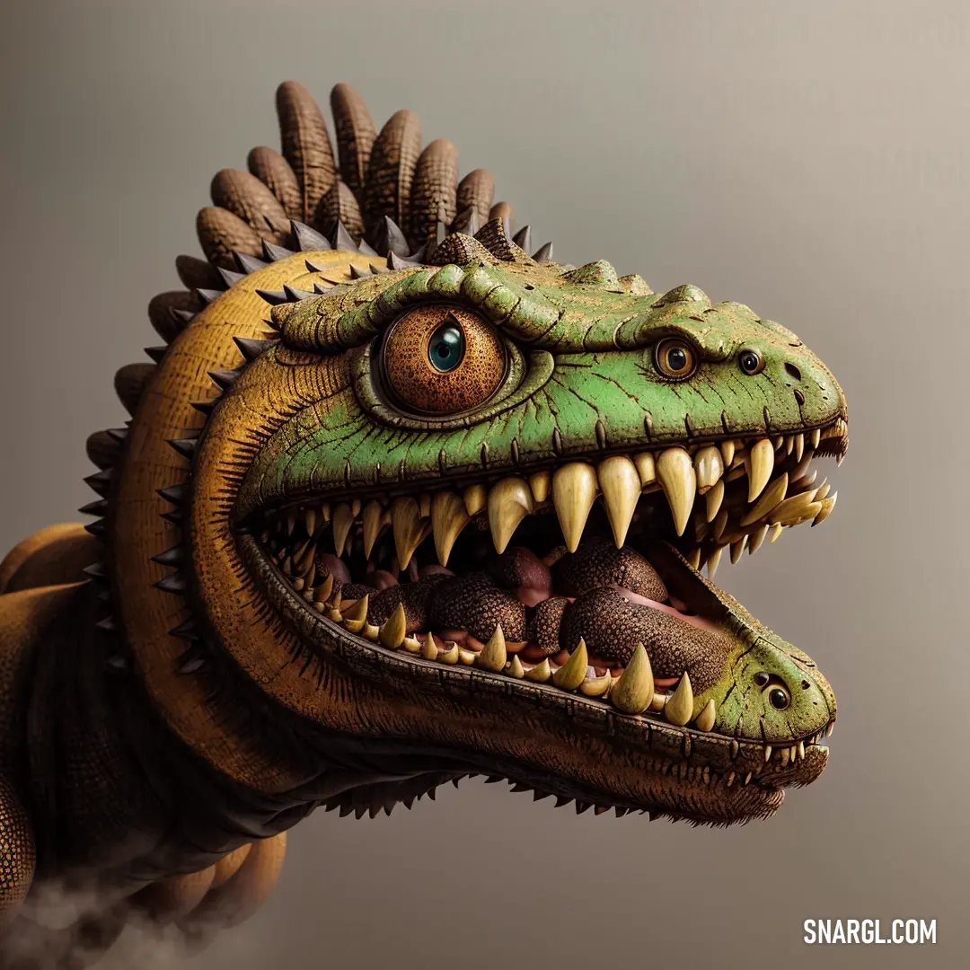 A close-up of a dinosaur’s fearsome mouth, complete with sharp teeth and spiked head. The striking features of this prehistoric creature are enhanced by the warm bisque tones, highlighting its primal nature.