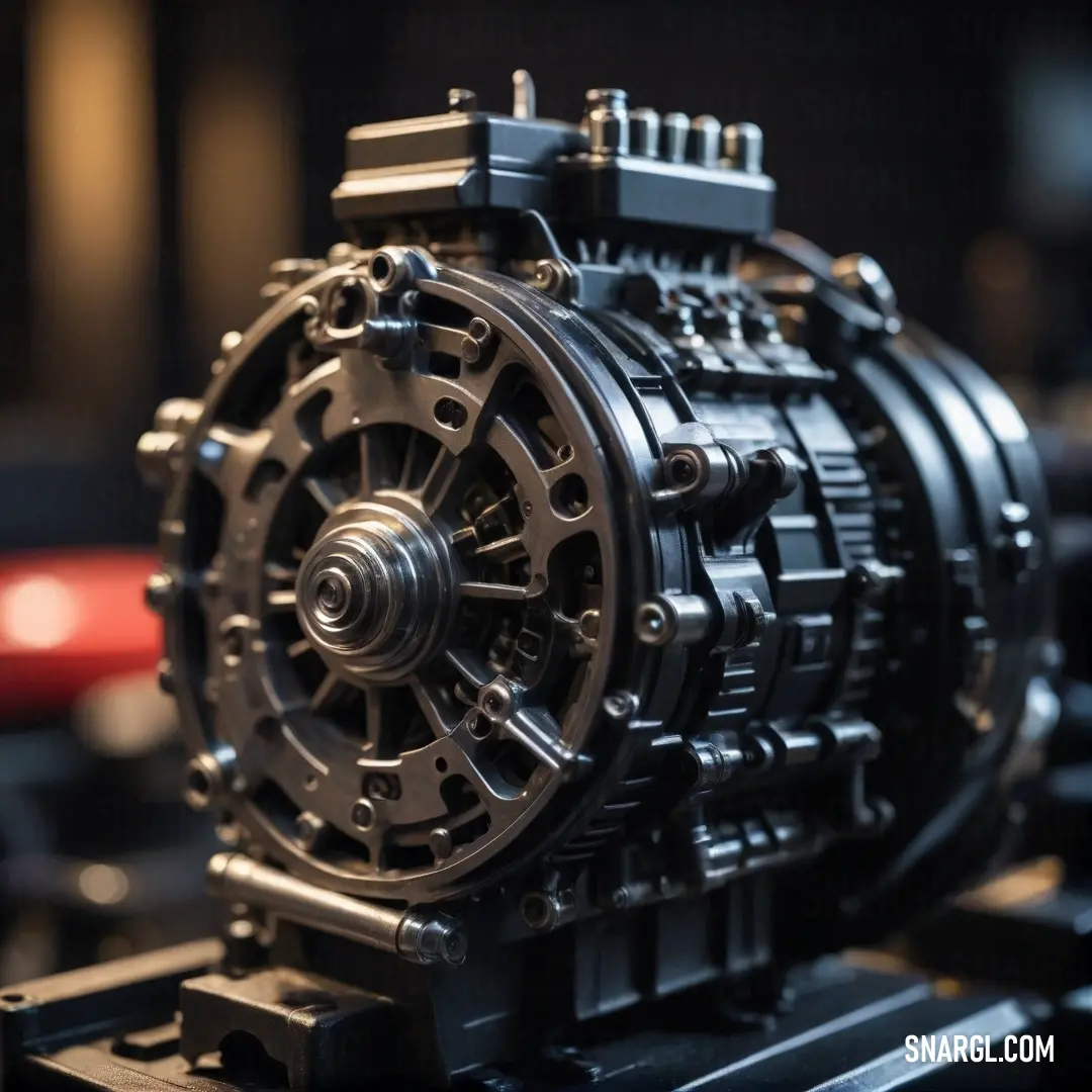 A mesmerizing close-up reveals a mechanical device resting on a tabletop, while a bright red car adds a vivid contrast in the background. The rich textures and details highlight the charm of machinery intertwined with everyday life.