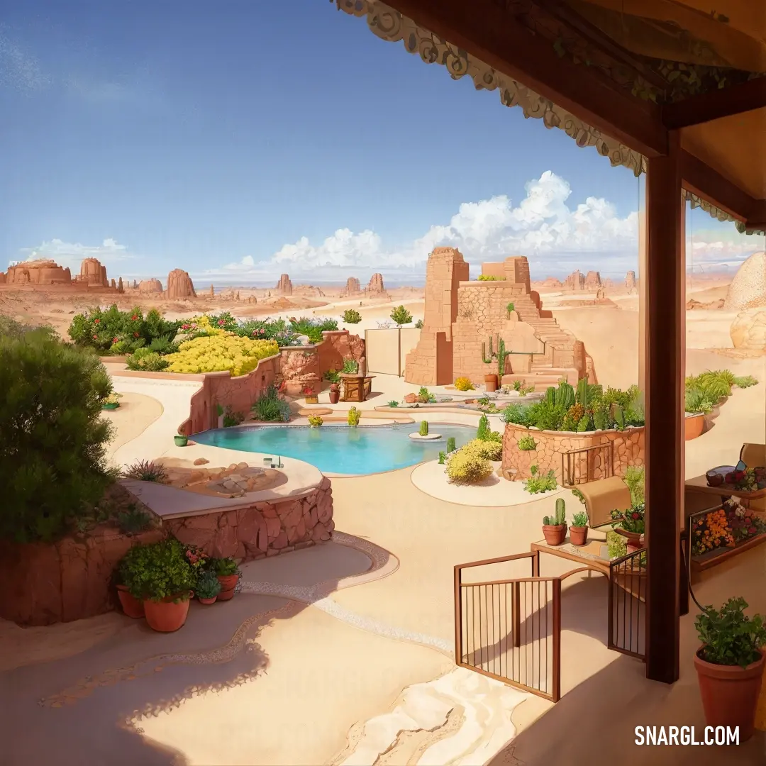 Desert resort with a pool and a desert landscape in the background. Color #FFE4C4.