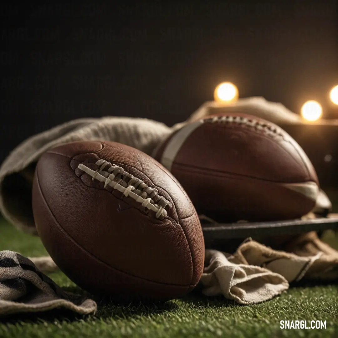 A vibrant football paired with a matching glove lies on the green expanse of a field, bathed in warm light. This scene radiates the spirit of teamwork and sport, capturing the essence of friendly competition and outdoor fun.