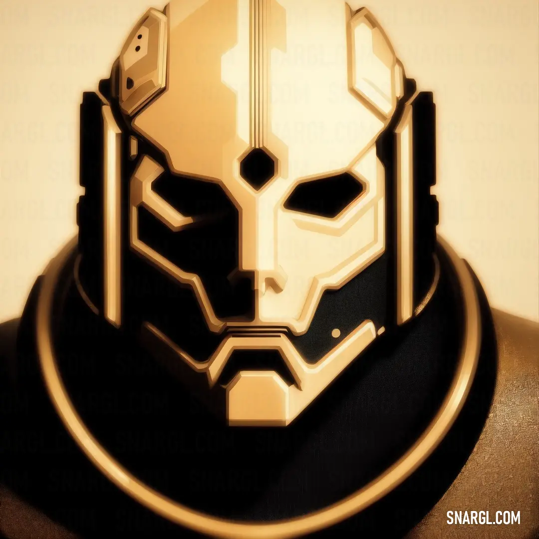Helmet is shown on top of a table top with a circular base and a circular base with a gold and black mask