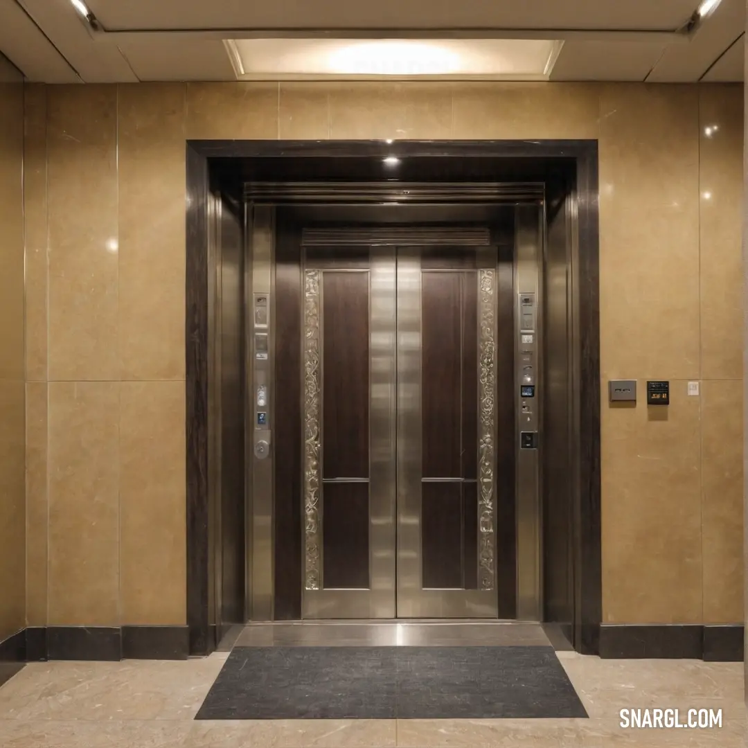 An elegant bisque-colored elevator naturally draws the eye as it stands with two grand doors and a plush black rug placed invitingly in front. The design radiates sophistication and hints at countless stories behind its closed doors.