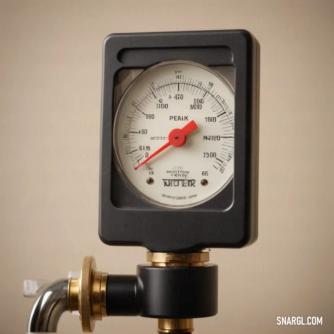 A close-up of a pressure gauge featuring a striking red needle, set against a neutral background, which emphasizes its intricate details and the subtle nuance of the Bisque color.