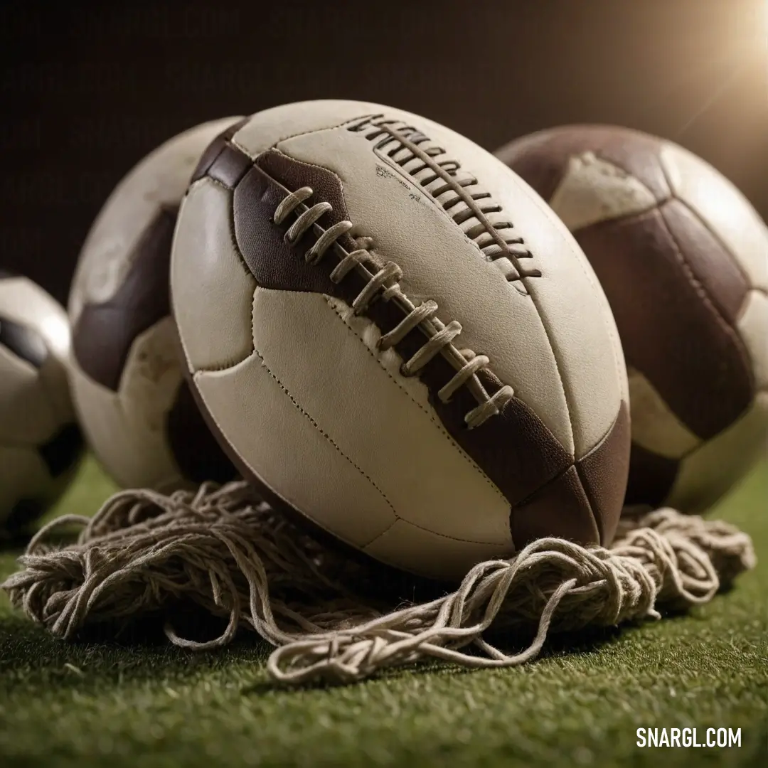 Three footballs sprawled casually across a brilliant green field beneath the soft glow of spotlighting, capturing the excitement of a lively game. Each ball represents teamwork, competition, and the joy found on the field during sunny afternoons.